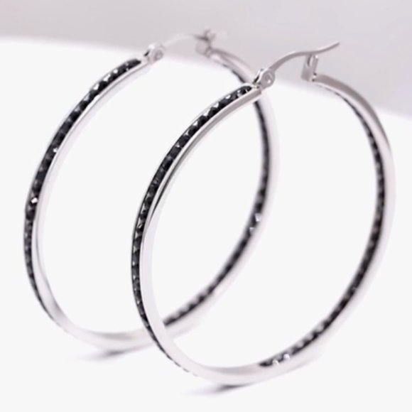 Big Black Rhinestone Silver Hoop Earrings Sparkle Hoops CZ Crystal Channel Loop - Picture 6 of 12